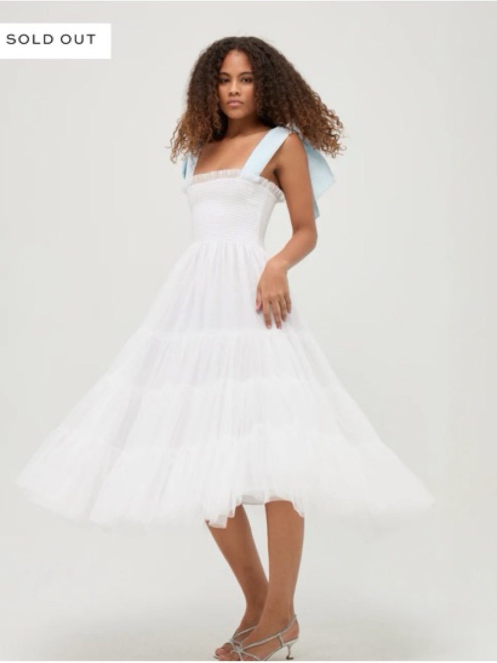 Smocked White Midi Dress with Blue Bow Shoulder Straps